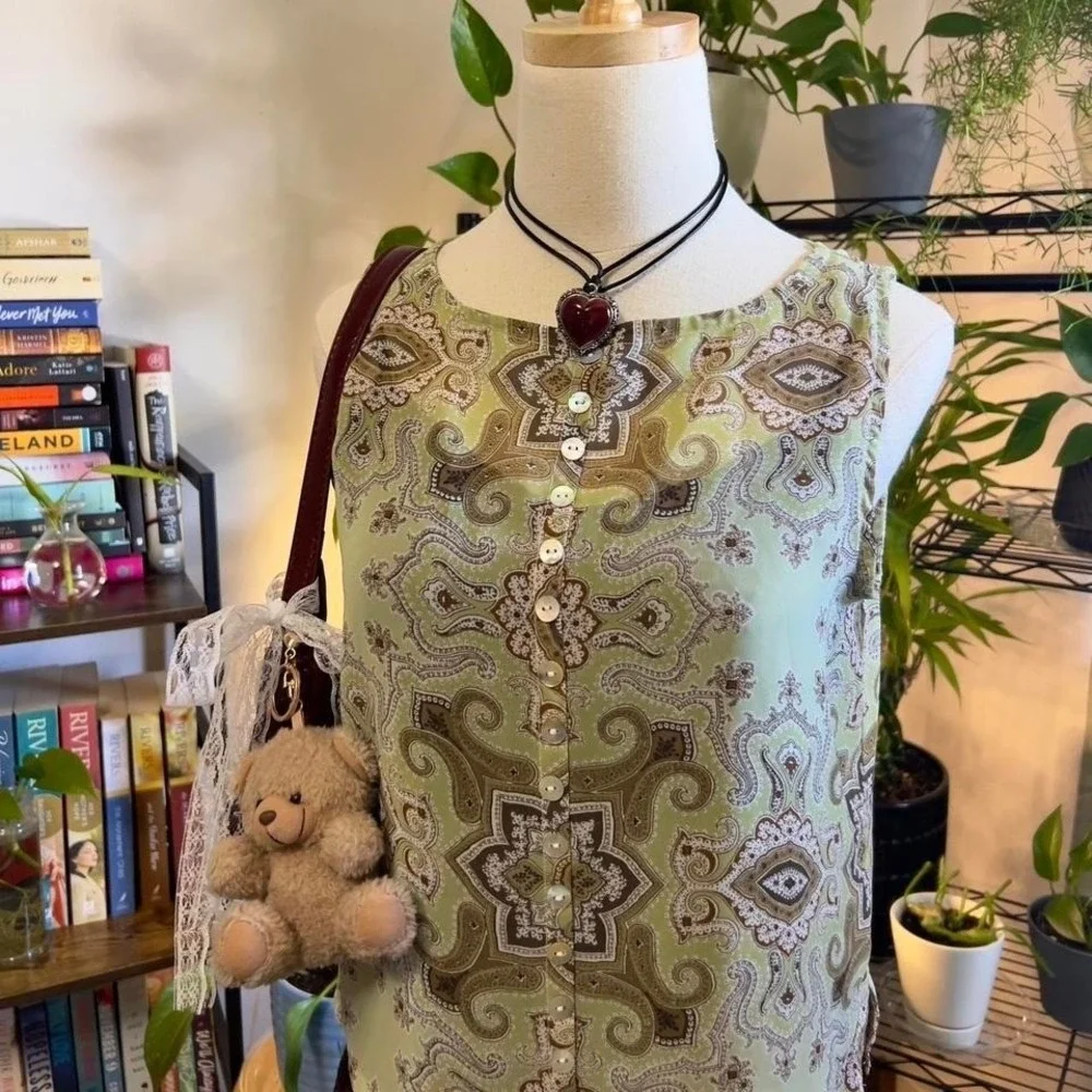 Vintage Y2K Green‎ Paisley Button-up Fairy Tank Top Blouse Small Boho Festival - Picture 2 of 7